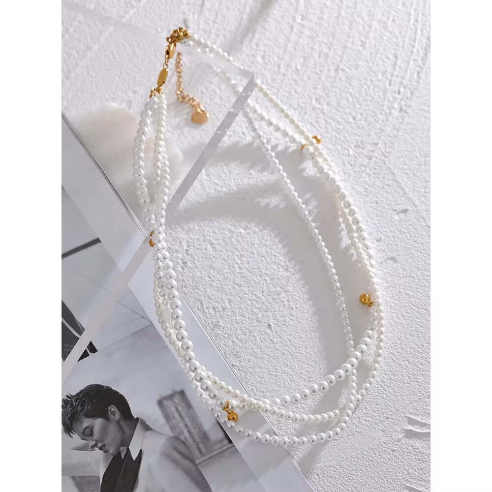 Layered pearl necklace chocker with accented gold beads by Kataleya Jewellery
