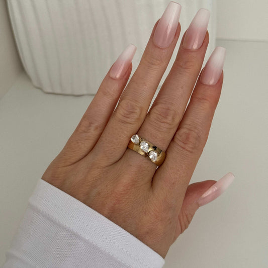 Bona - Chunky Gold Band Ring with Three Zircon Stones by Kataleya