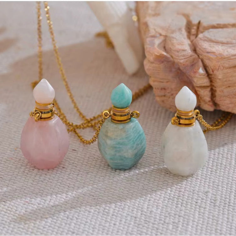 Tide Essence Parfum, Potion Bottle Necklace in Pink, Green, White by Kataleya Jewellery