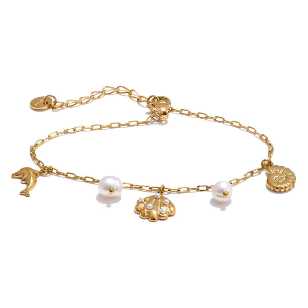 Dainty gold ocean charms bracelet with pearls by Kataleya Jewellery
