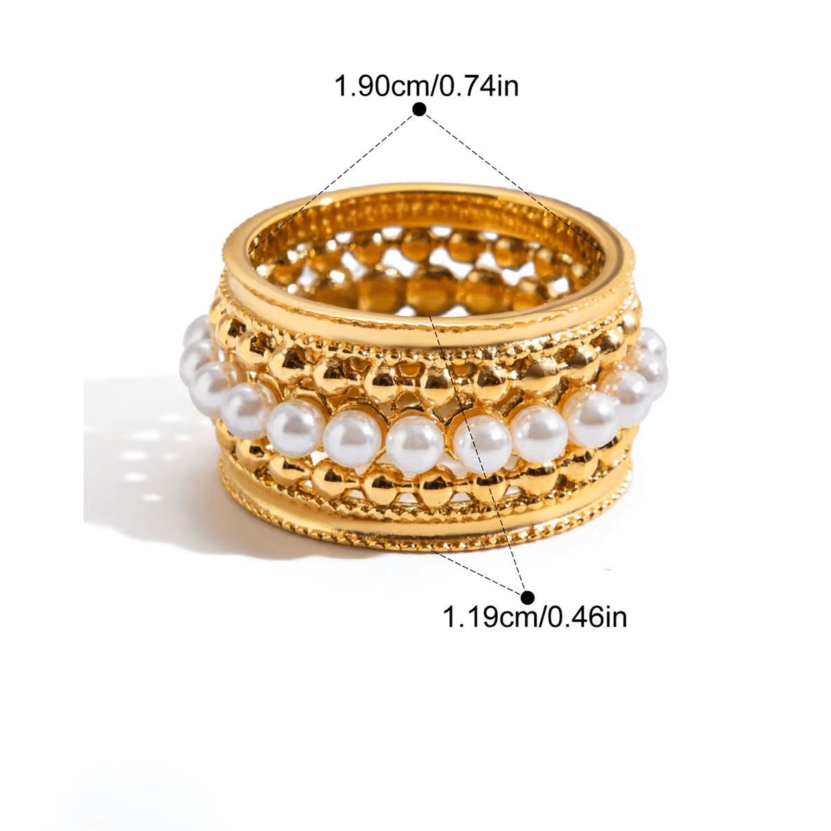 Aura Pearl Band Ring with pearl accents on a gold plated stainless steel band, showcasing modern elegance and sophistication.
