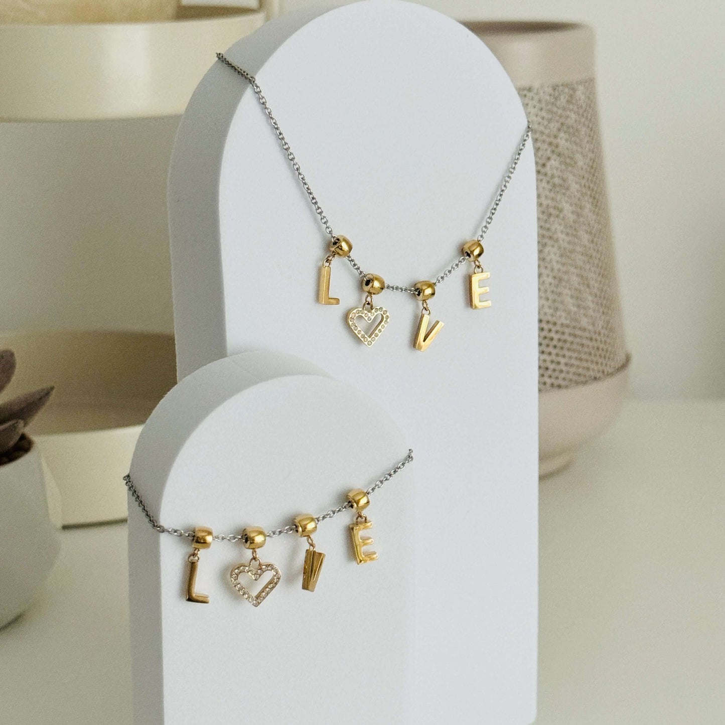 Gold & Silver Love Charms Necklace and Bracelet By Kataleya