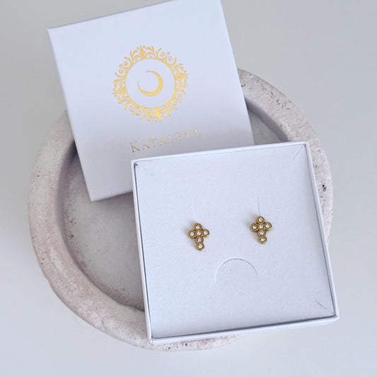 Vera Cross Stud Earrings | Gold Crystal Cross Earrings