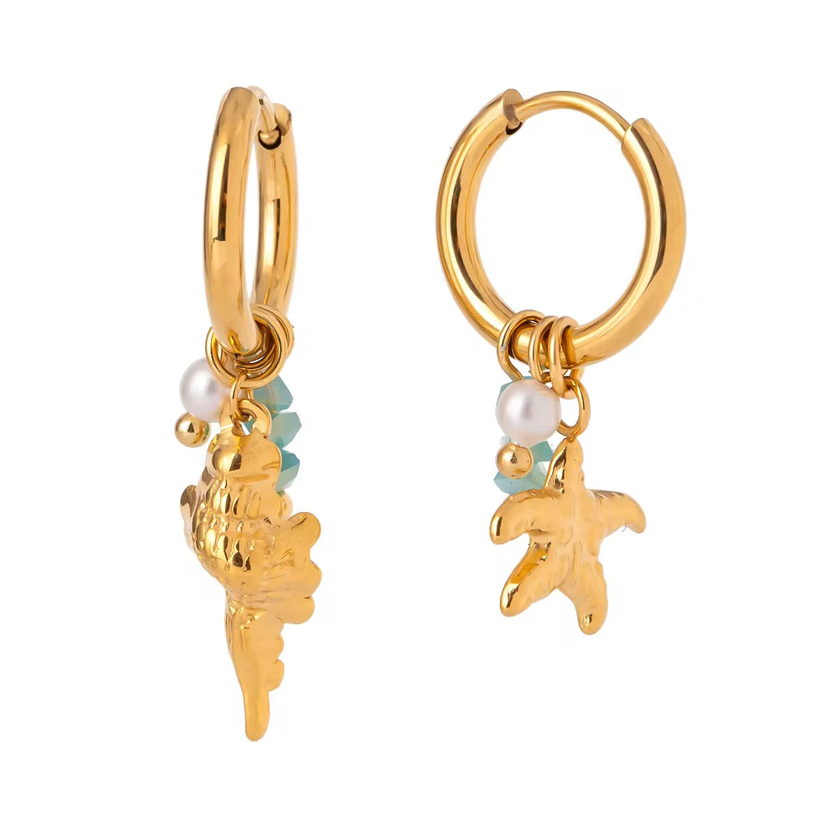Ocean Earrings, featuring amazonite stones, seashell and starfish, in gold by Kataleya Jewellery