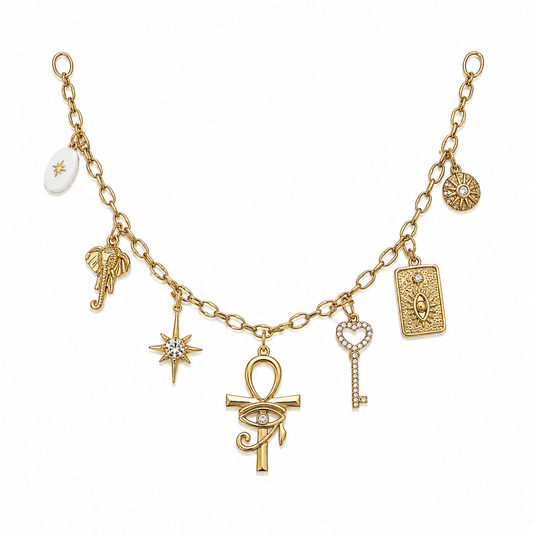 Isis Charm Necklace featuring symbolic charms like Ankh, Eye of Horus, elephant, and crystal key. Stunning charm necklace.