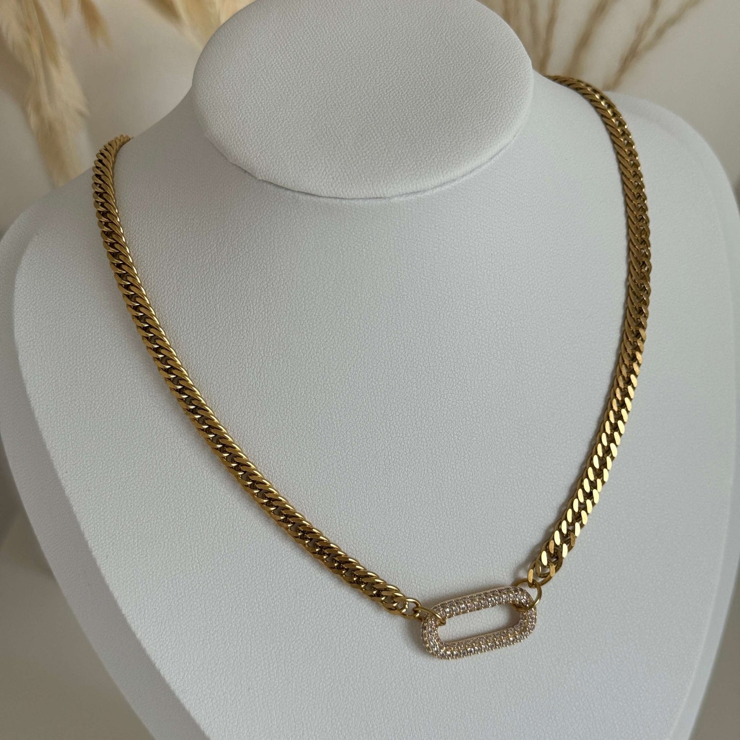 CZ Carabiner Pendant Gold Curb Chain Necklace Choker - Kataleya