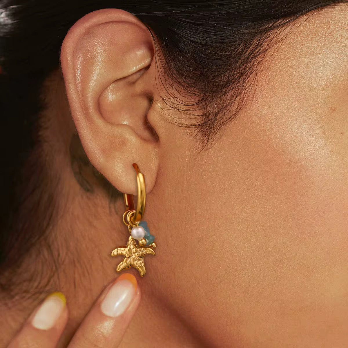 Ocean Earrings, featuring amazonite stones, seashell and starfish, in gold by Kataleya Jewellery