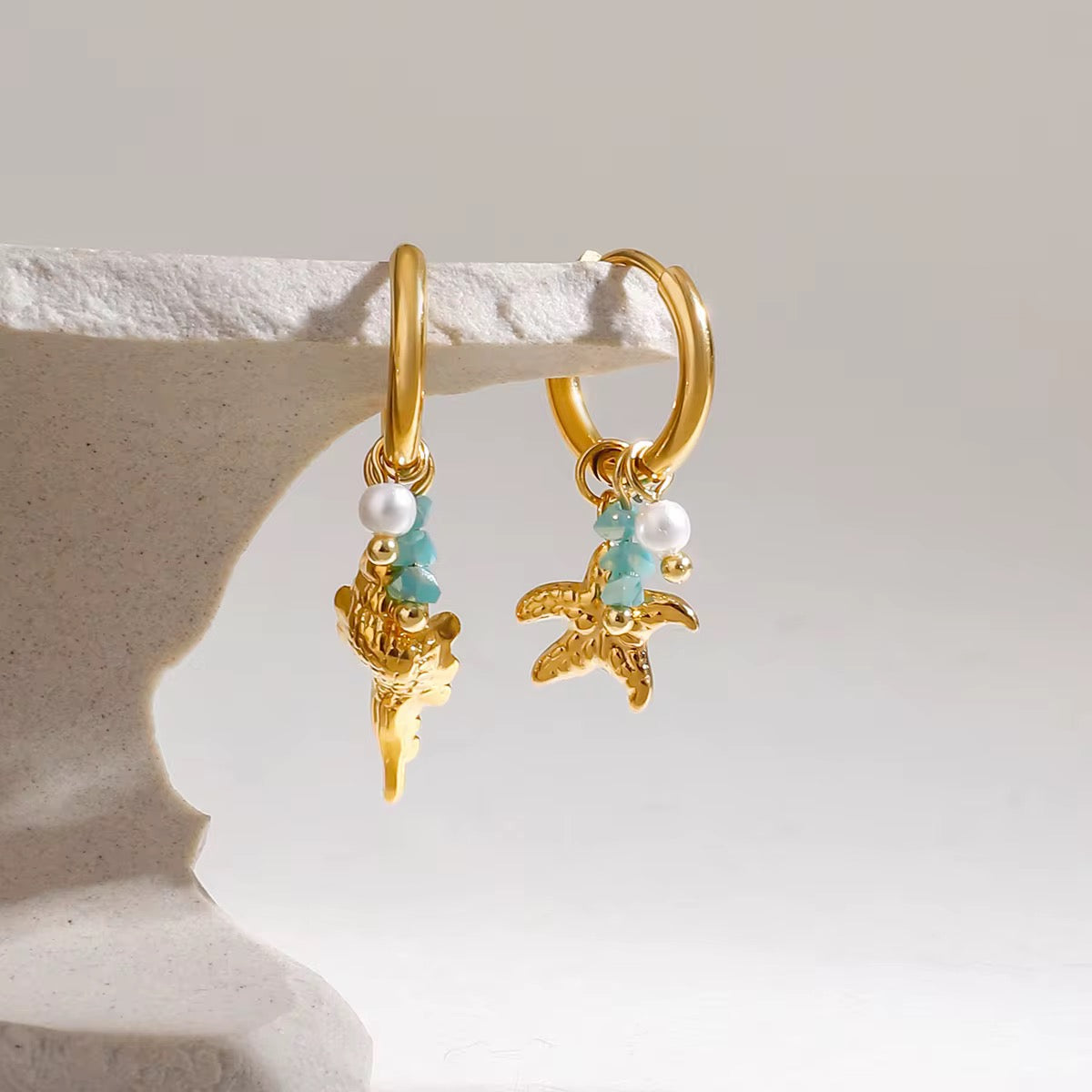 Ocean Earrings, featuring amazonite stones, seashell and starfish, in gold by Kataleya Jewellery