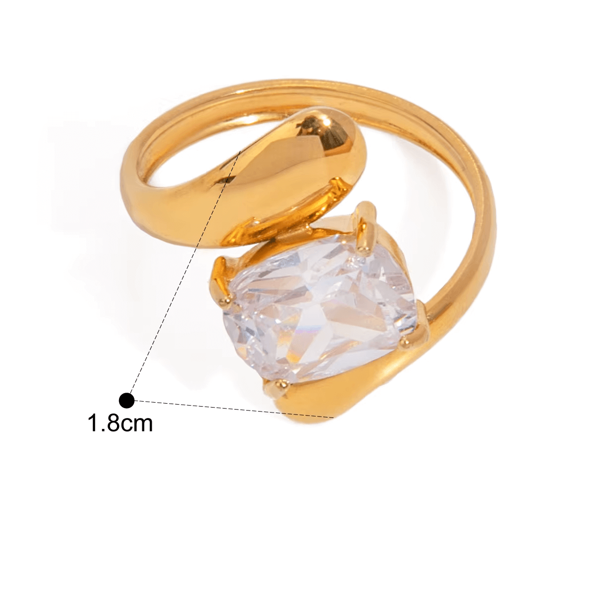 Twist Diamond Ring with a sparkling central gemstone, elegantly designed in 18ct gold plated stainless steel.