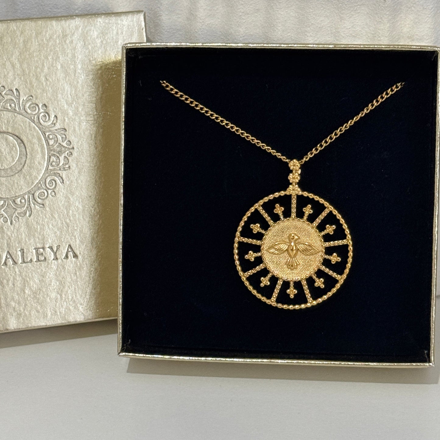 Long Freedom Circle Pendant Necklace, with Bird, in Gold by Kataleya