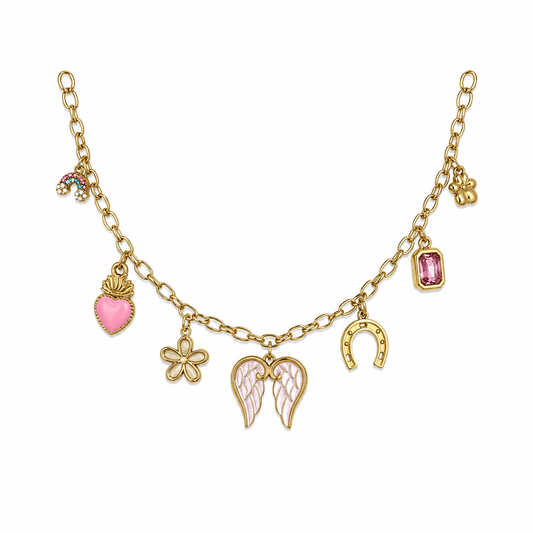 Iris Charm Necklace featuring gold pink charms like angel wings, heart, horseshoe, and flower - charm necklace.