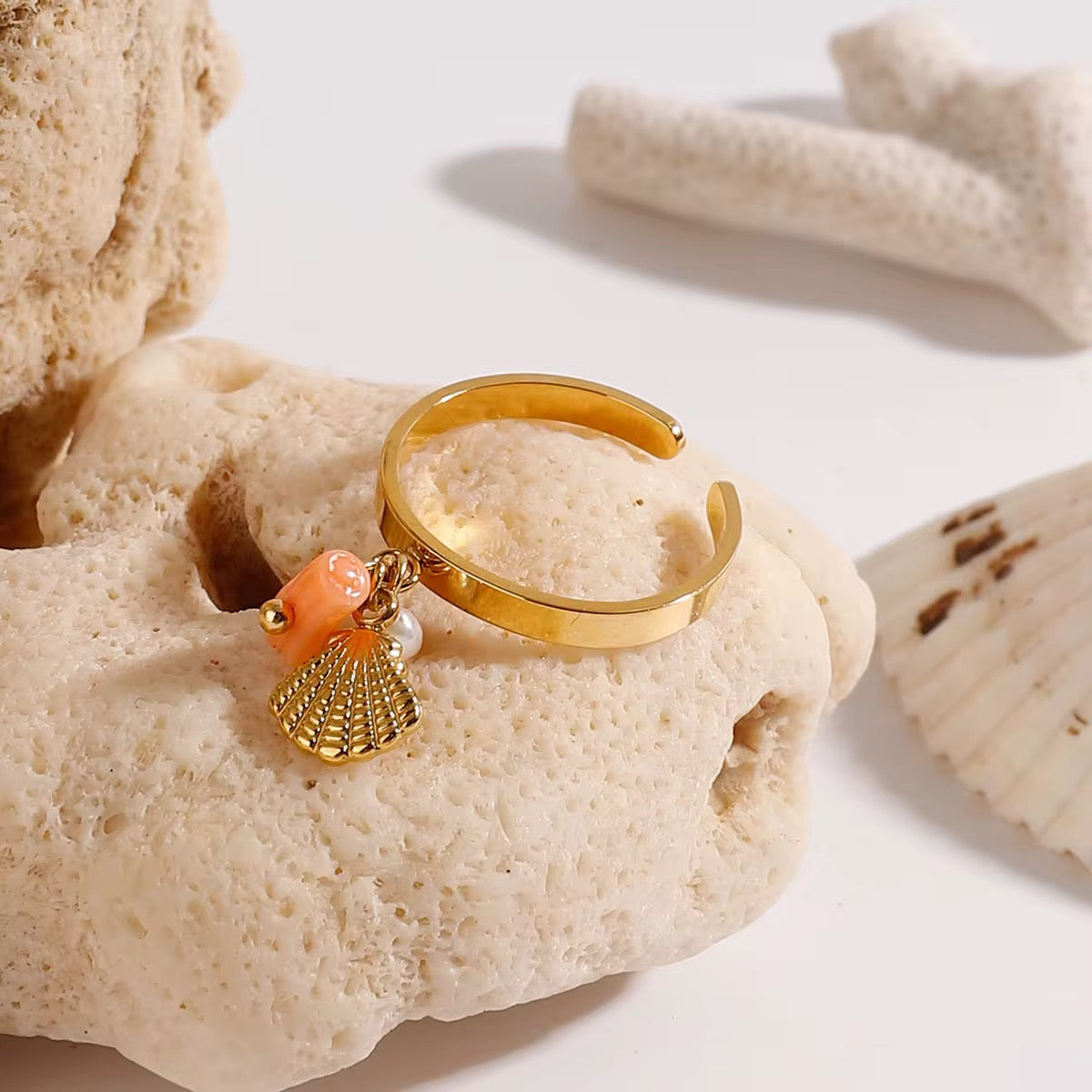 Pink Shell, Pearl tassel ring in gold by Kataleya Jewelry