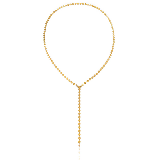 Long Disc Lariat Necklace – Waterproof | Tarnish Free, elegant gold necklace featuring a sleek vertical silhouette.