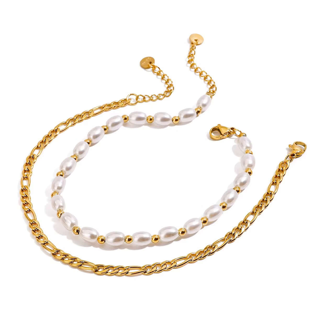 La Perla-set of two anklets-gold figaro chain and string of pearls with gold beads-SEABORN-Kataleya Jewellery