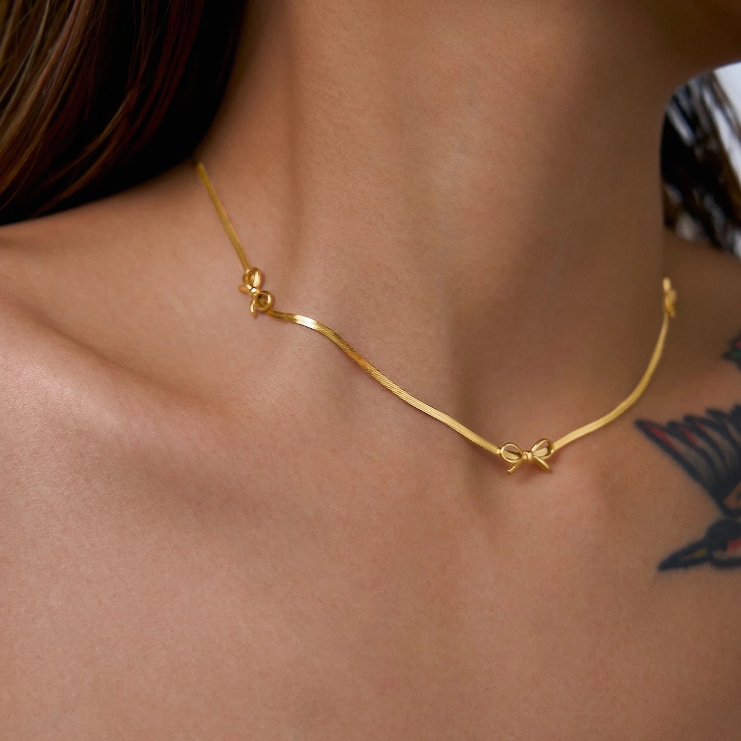 Gold Bow Necklace Snake Chain by Kataleya
