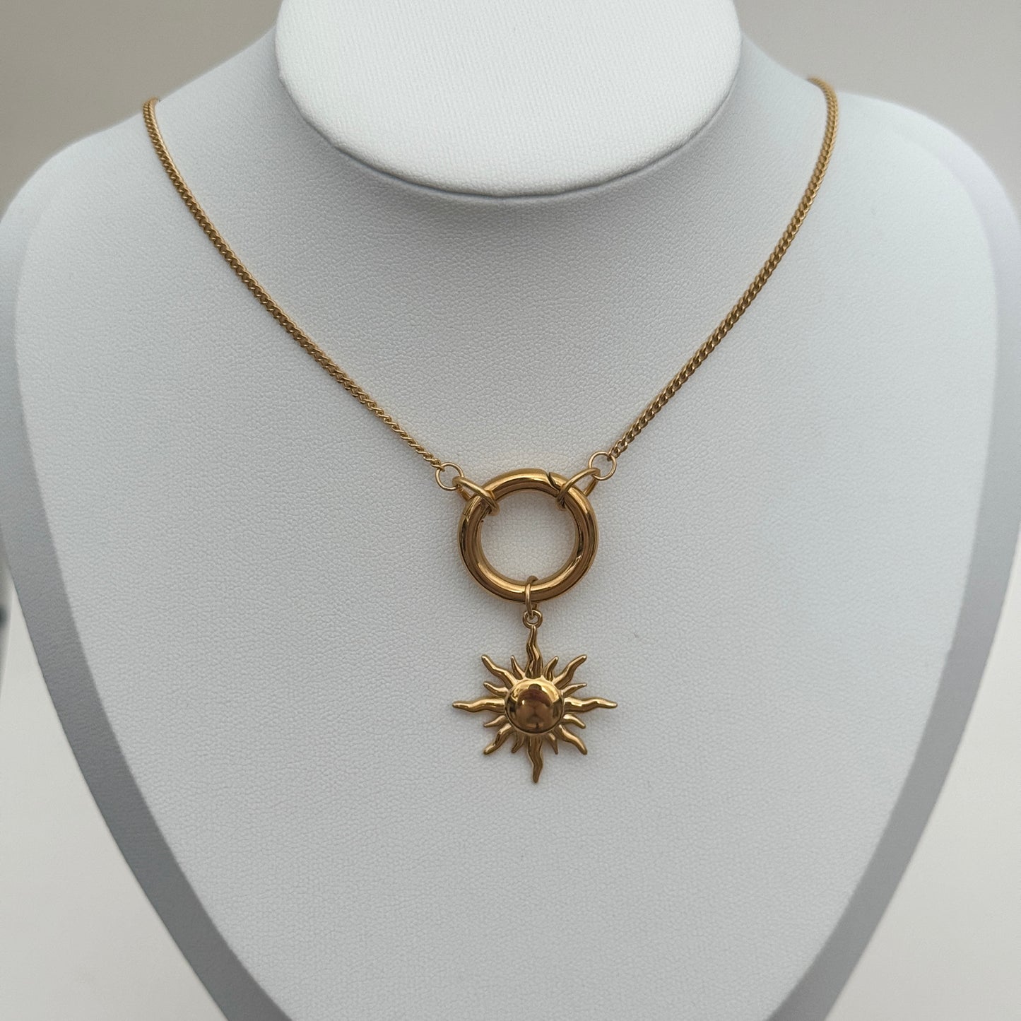 Solana Gold Carabiner Necklace with Sun Charm by Kataleya.