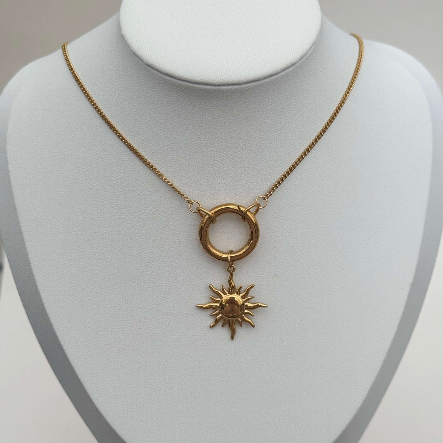 Solana Gold Carabiner Necklace with Sun Charm by Kataleya.