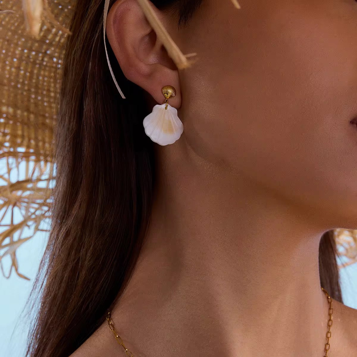 White Shell Gold Drop Earrings by Kataleya Jewellery