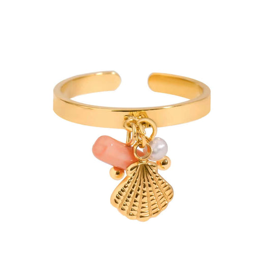 Pink Shell, Pearl tassel ring in gold by Kataleya Jewelry