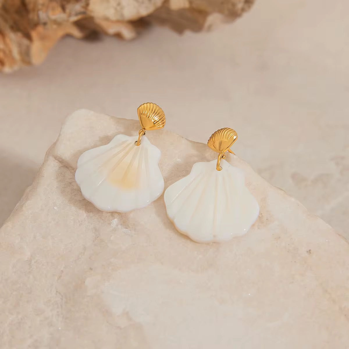 White Shell Gold Drop Earrings by Kataleya Jewellery