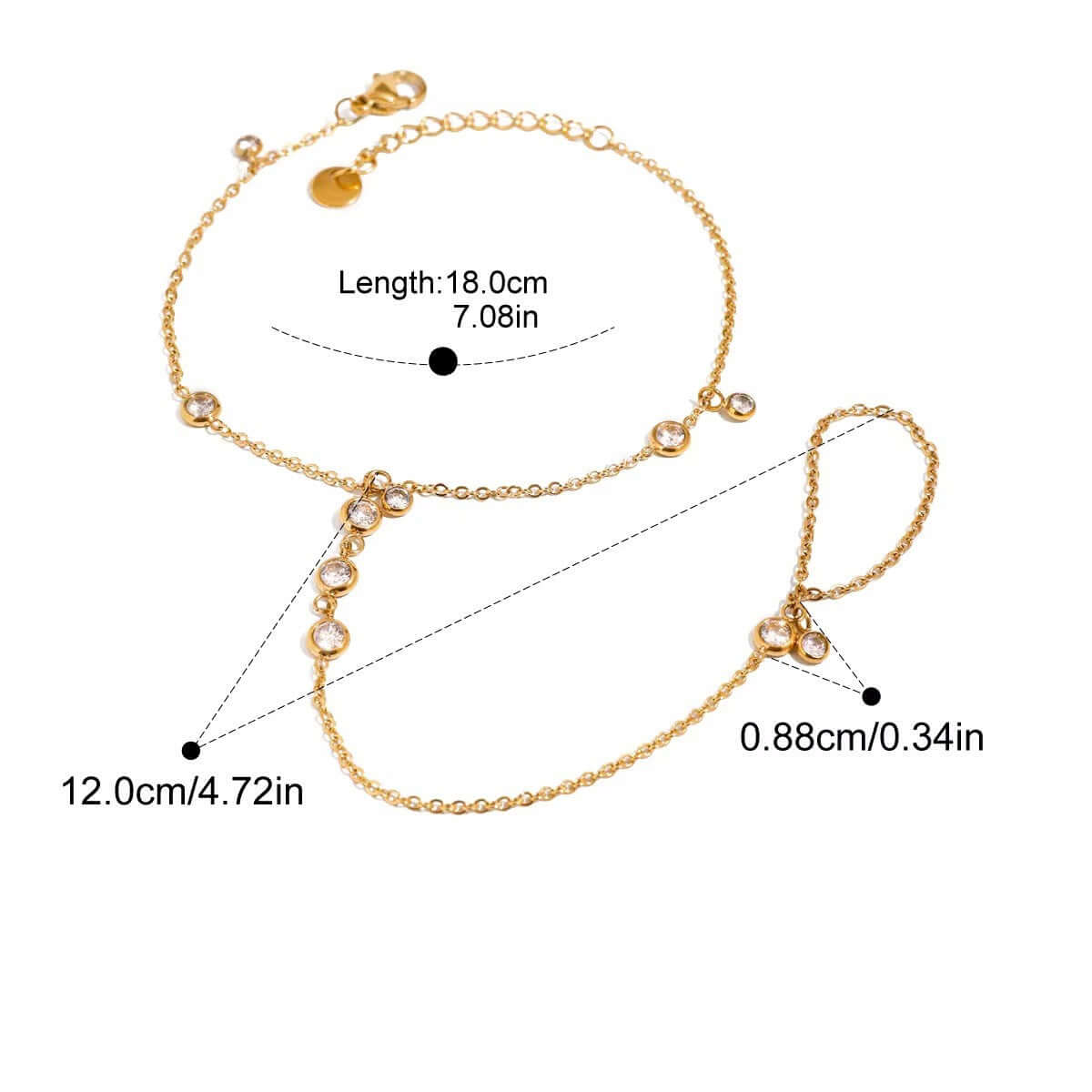 Amelia Finger Bracelet dimensions showing length and chain details with gold plating and zirconia stones.