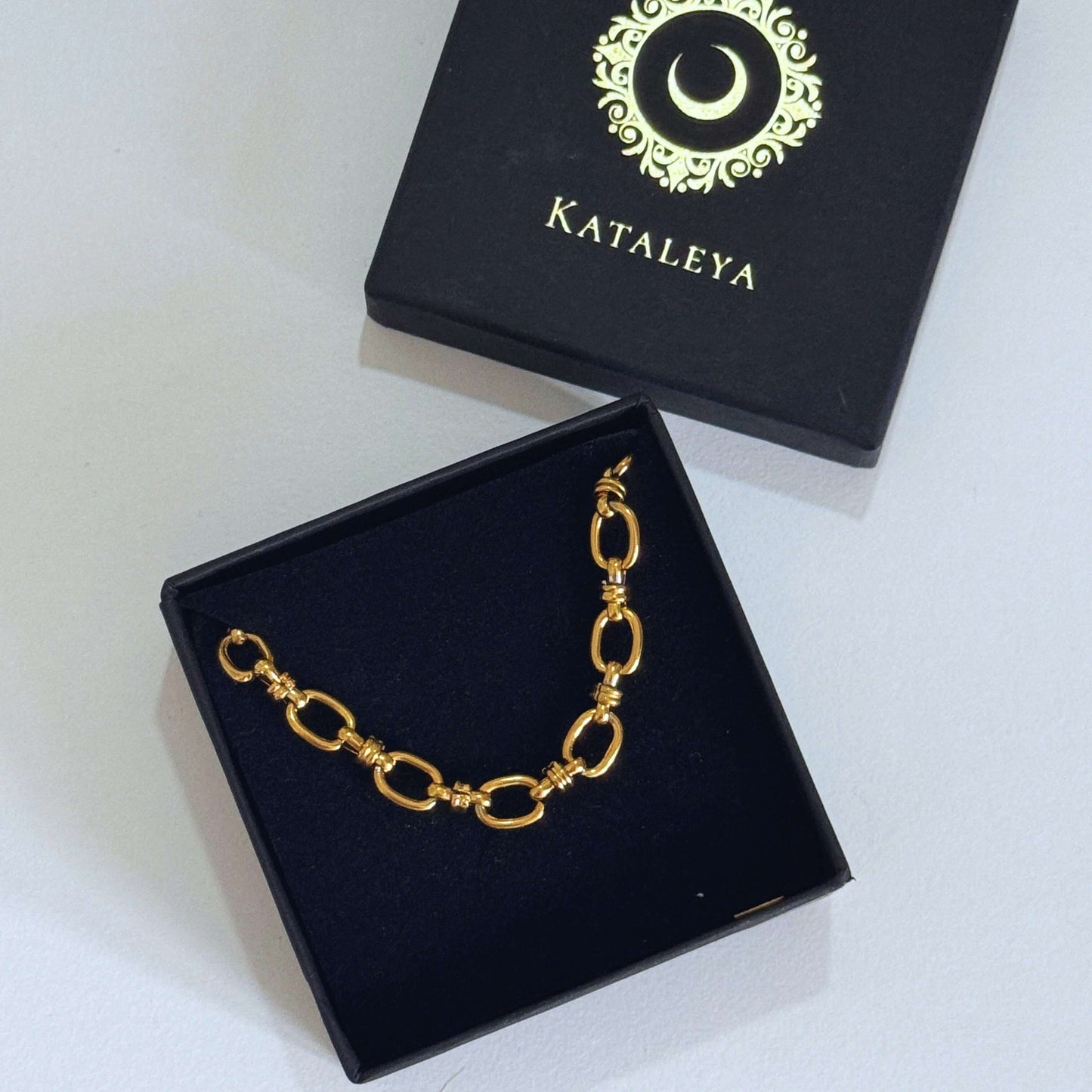 Aurelia Waterproof Gold Chain Necklace displayed in a black Kataleva gift box.