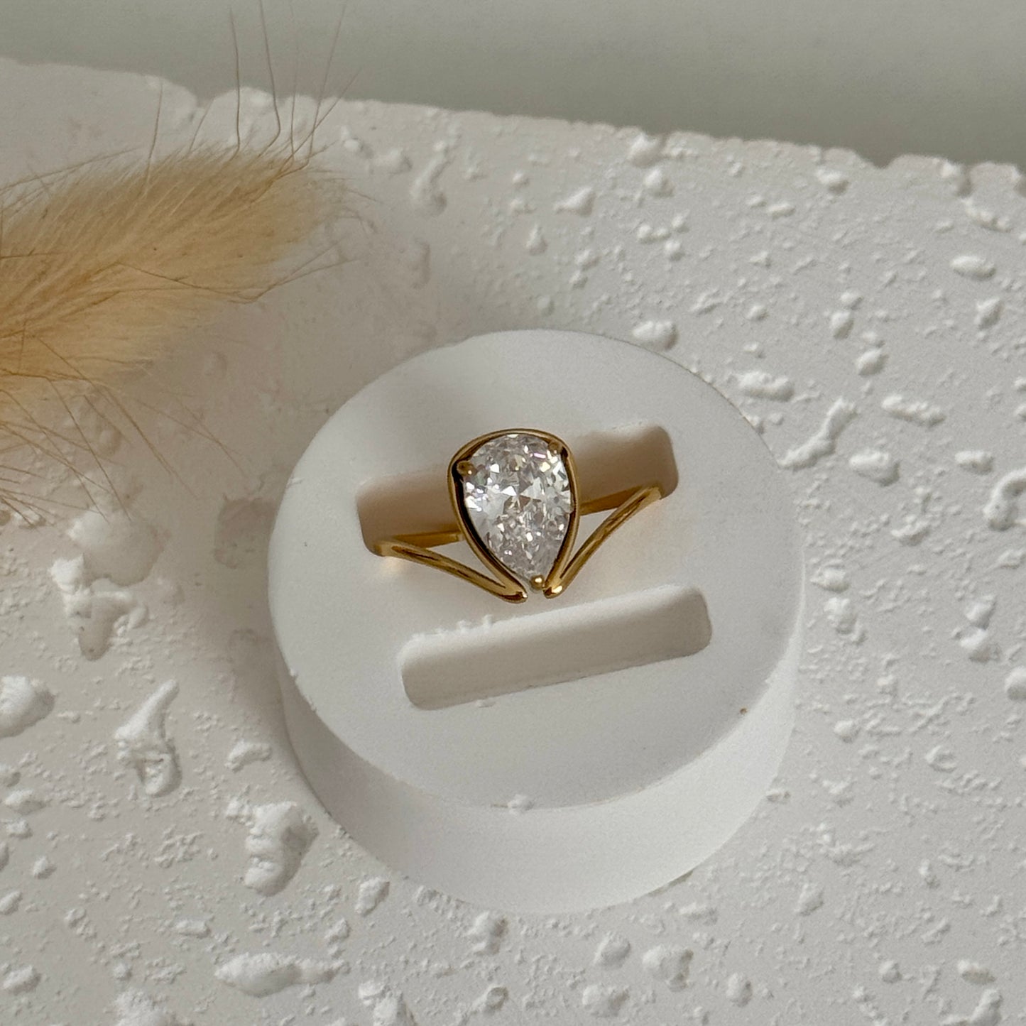 Alma Teardrop Zircon Gold Ring by Kataleya.