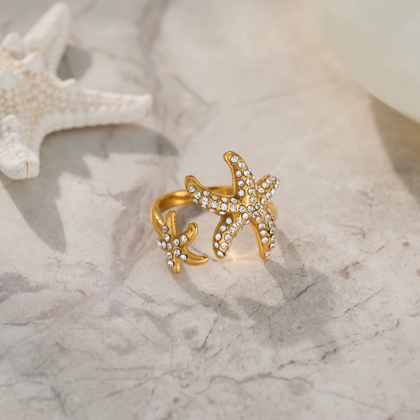 Starfish Dreams Ring, Adjustable, Gold Ring, Adorned with CZ Stones, by Kataleya.