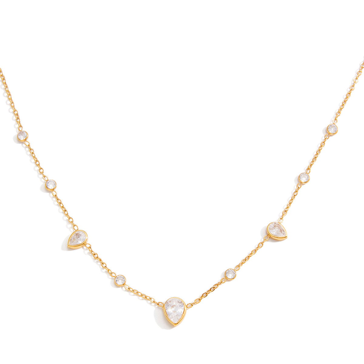 Drop CZ necklace featuring teardrop-cut cubic zirconia on a dainty gold chain, stylish and elegant for everyday wear.