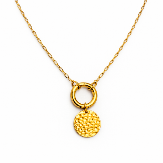 Coin Carabiner Necklace – Gold PVD Stainless Steel featuring a textured coin pendant and bold clasp.