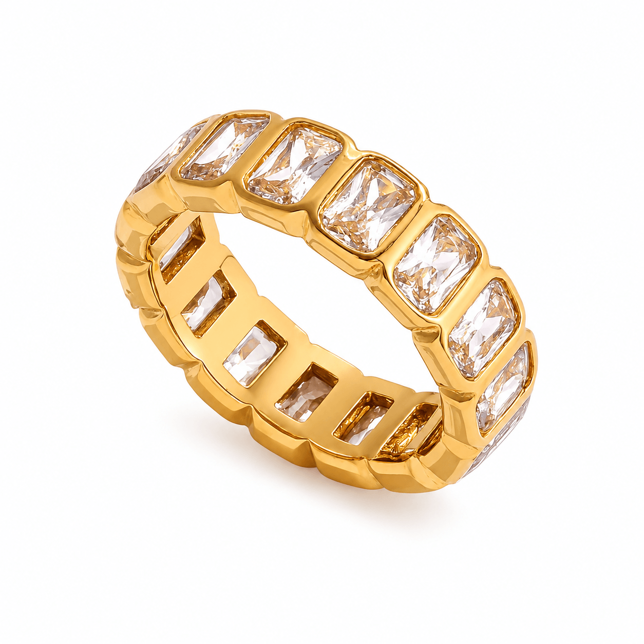Veyra Crystal Ring, a stunning Gold Zircon Band Ring with radiant emerald-cut zircon stones, perfect for stacking.