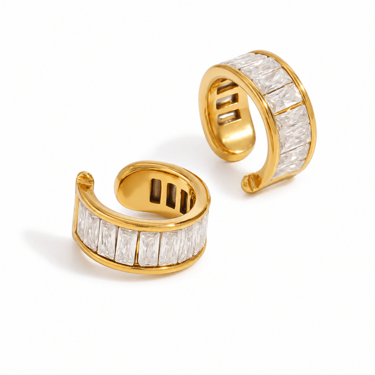Gold Zircon Ear Cuff featuring princess-cut zircon stones in a sleek gold band for an elegant ear stack.