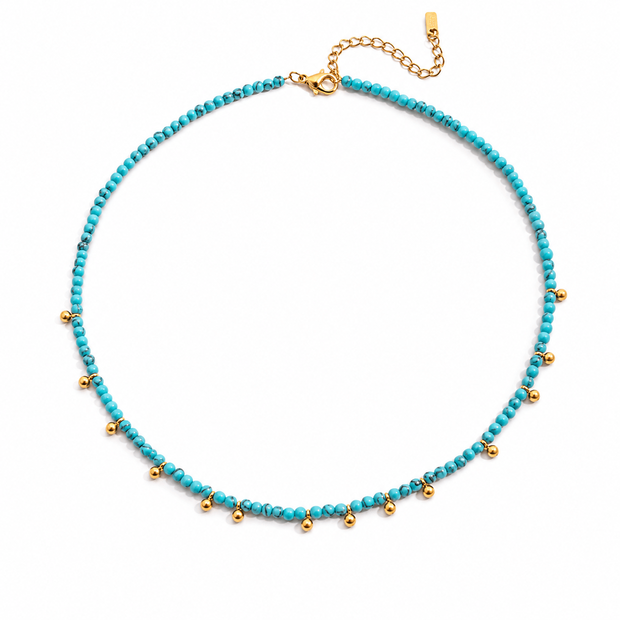 Turquoise Beaded Necklace with vibrant beads and gold detailing, perfect for coastal-inspired elegance.