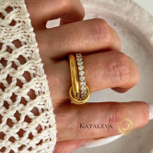 Crystal Stack Rings - two gold ring bands, one with zirconia stones, connected together by Kataleya Jewellery