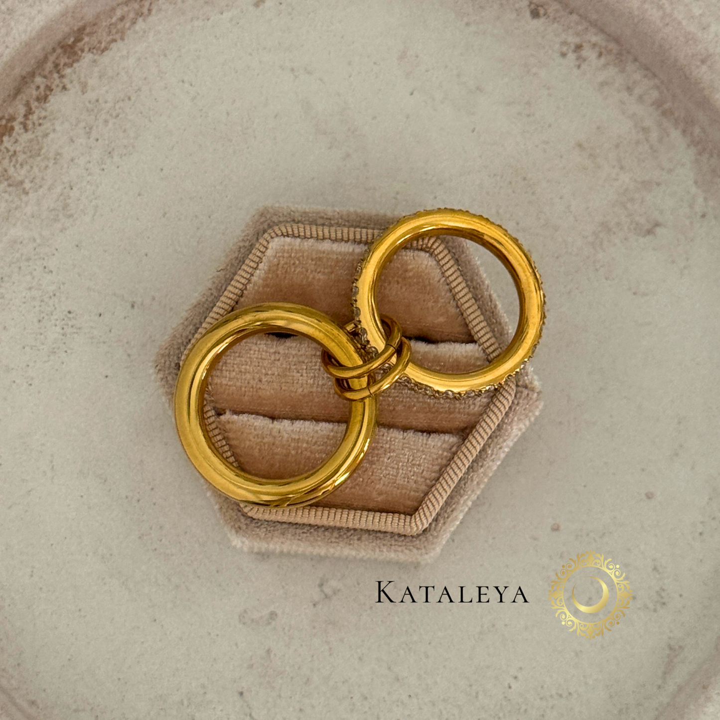 Crystal Stack Rings - two gold ring bands, one with zirconia stones, connected together by Kataleya Jewellery