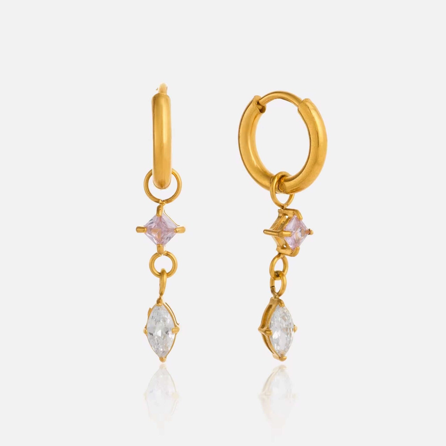 Glow Drop Earrings-a graceful blend of delicate gold plated hoops, shimmering pink crystals and marquise-cut cubic zirconia drops, by Kataleya.