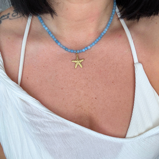 Blue Beaded necklace with gold starfish charm, handmade by Kataleya Jewellery
