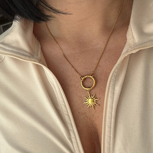 Solana Gold Carabiner Necklace with Sun Charm by Kataleya.