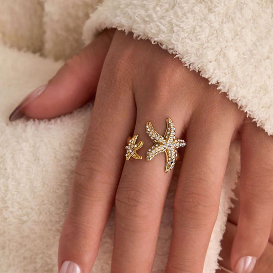 Starfish Dreams Ring, Adjustable, Gold Ring, Adorned with CZ Stones, by Kataleya.