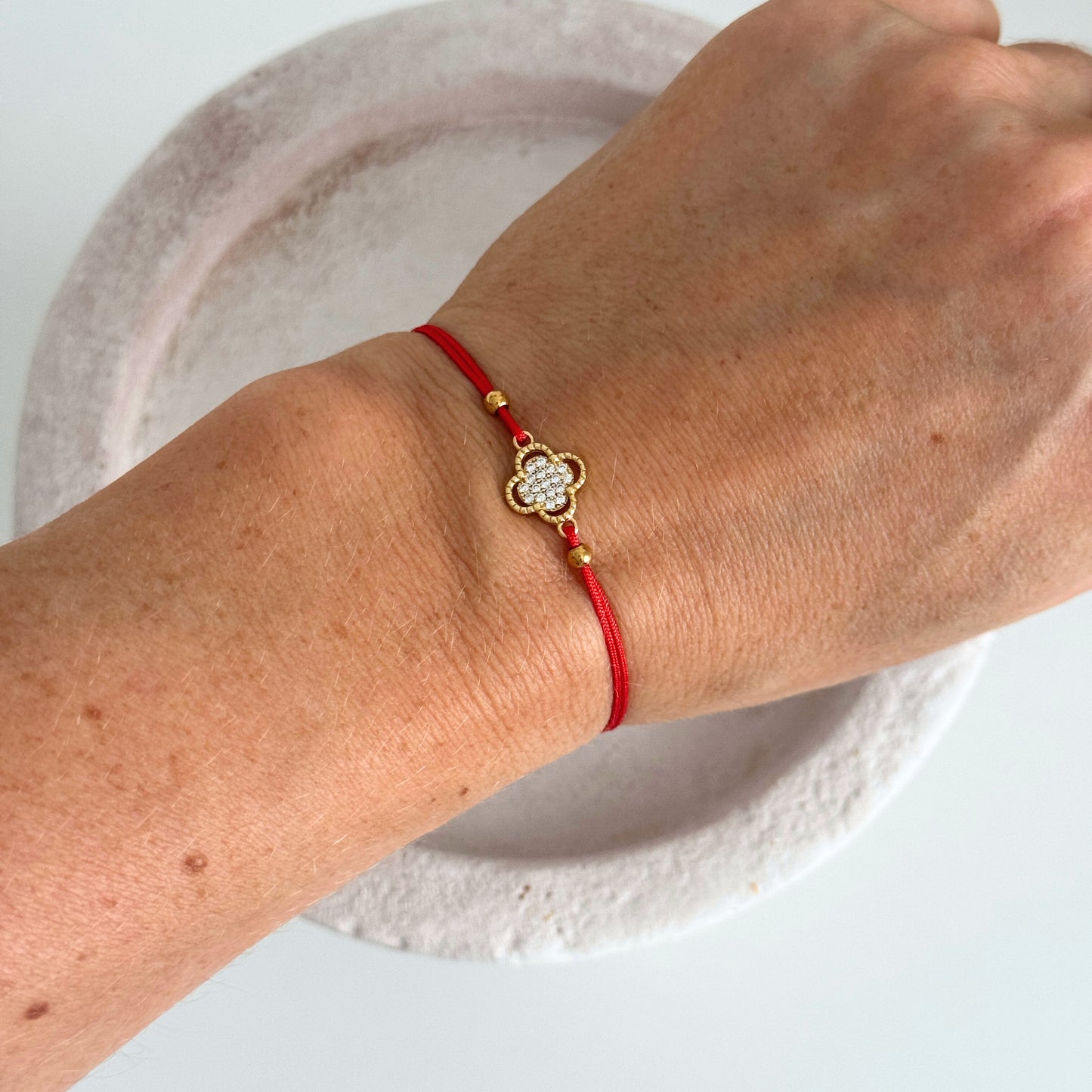 Gold Clover Red String Bracelet by Kataleya Jewellery