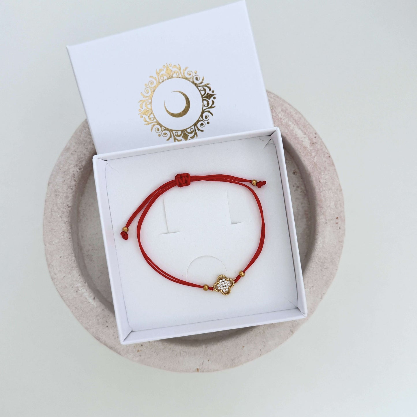 Gold Clover Red String Bracelet by Kataleya Jewellery