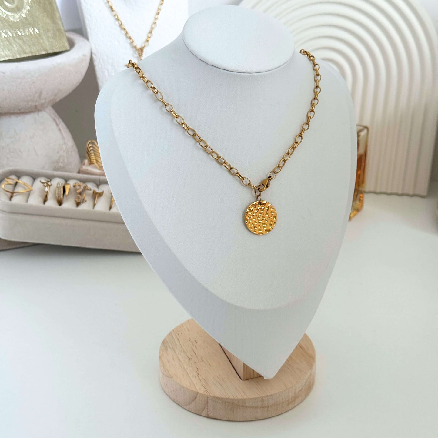 Gold Textured Disc Necklace by Kataleya Jewellery