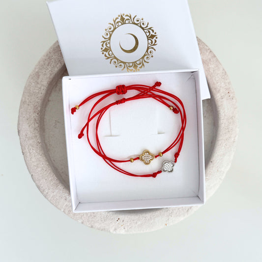 Gold & Silver Clover Red String Bracelet by Kataleya Jewellery