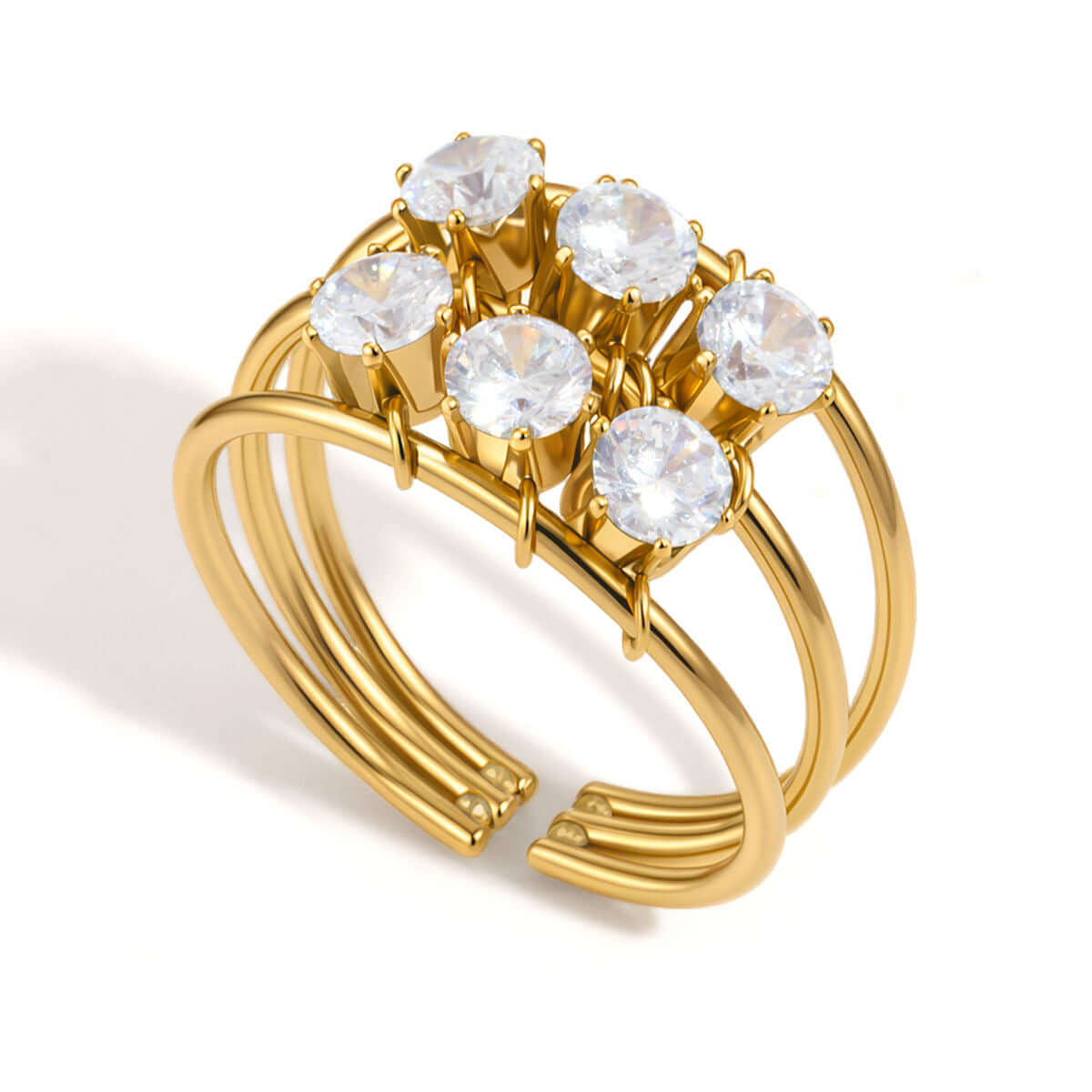 Gold Adjustable Crystal Ring featuring seven sparkling cubic zirconia stones in a modern triple-band design.