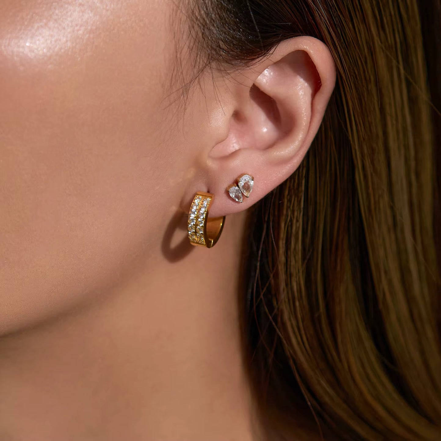 Alma Gold Double Diamond Stud Earrings by Kataleya.