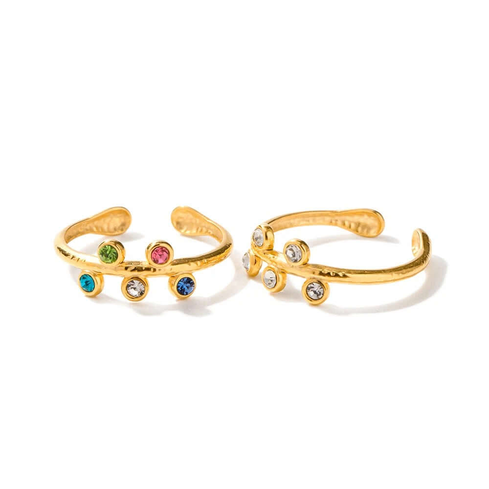 Starlight Sparkle Gold Adjustable Ring adorned with clear or colorful zirconia stones, by Kataleya.