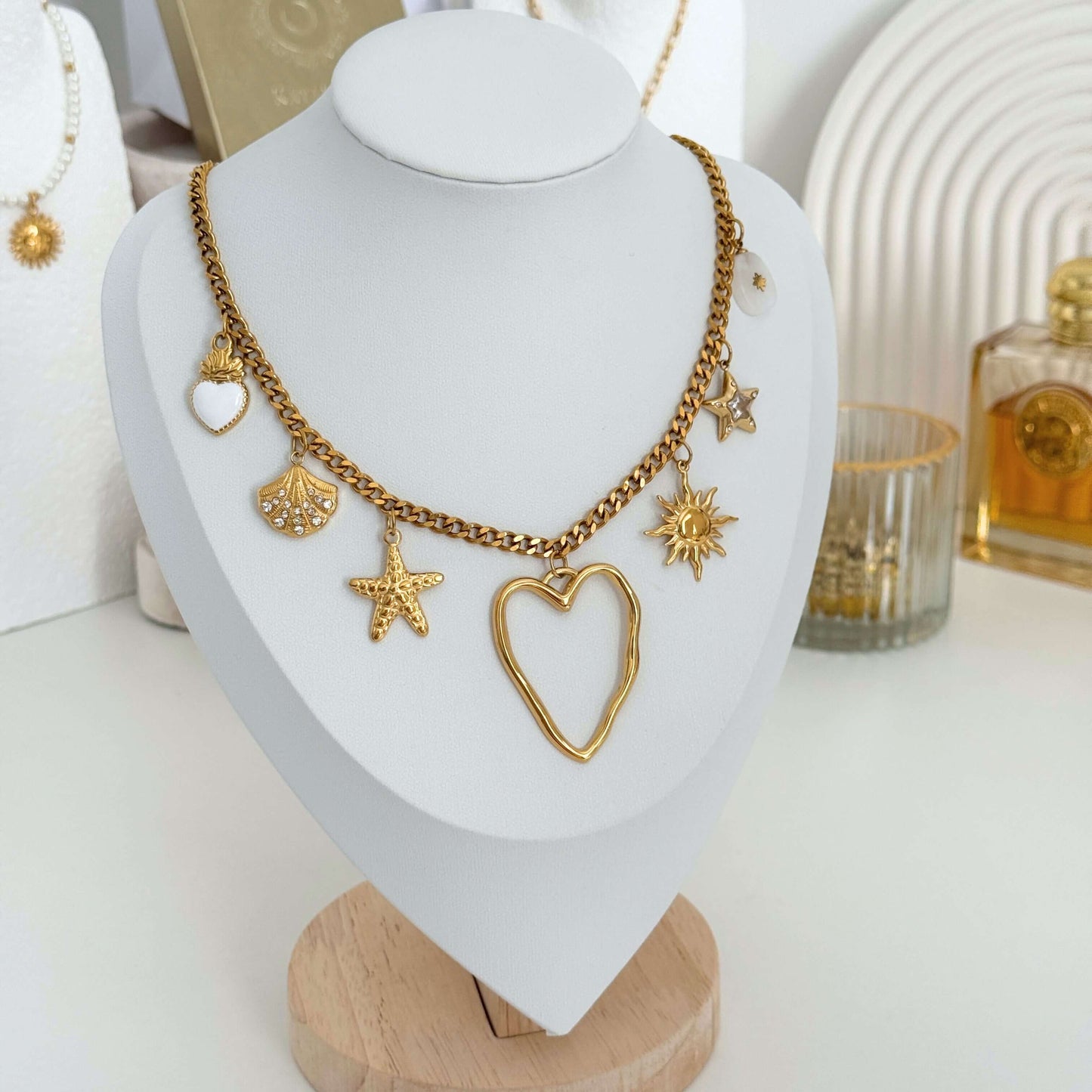White and Gold Multi - Charm Necklace by Kataleya
