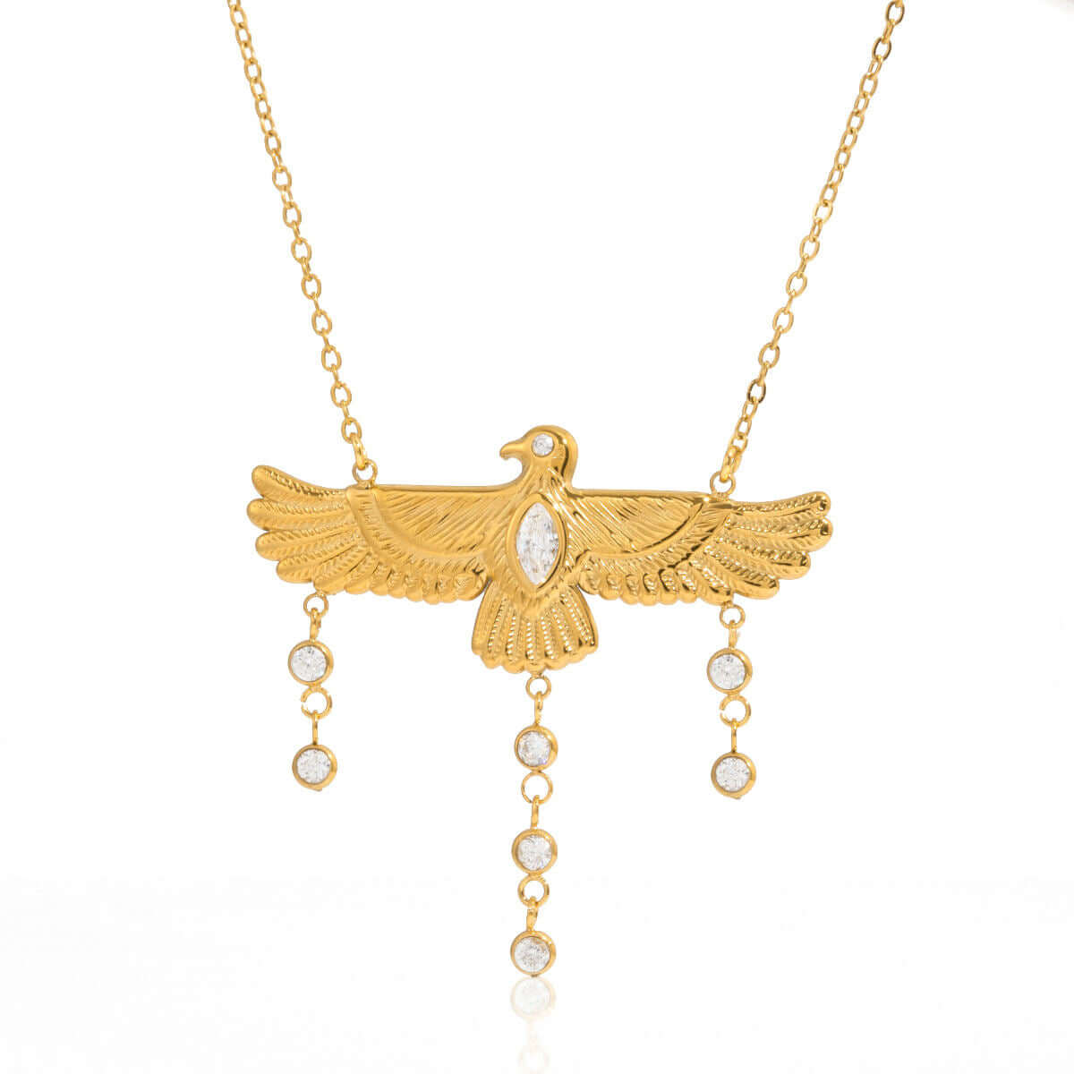 Nekhbet Wing waterproof gold eagle necklace with detailed design and sparkling crystals, perfect for everyday elegance.