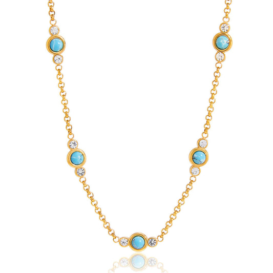 Gold Turquoise Necklace featuring turquoise and crystal details, waterproof and hypoallergenic for everyday wear.