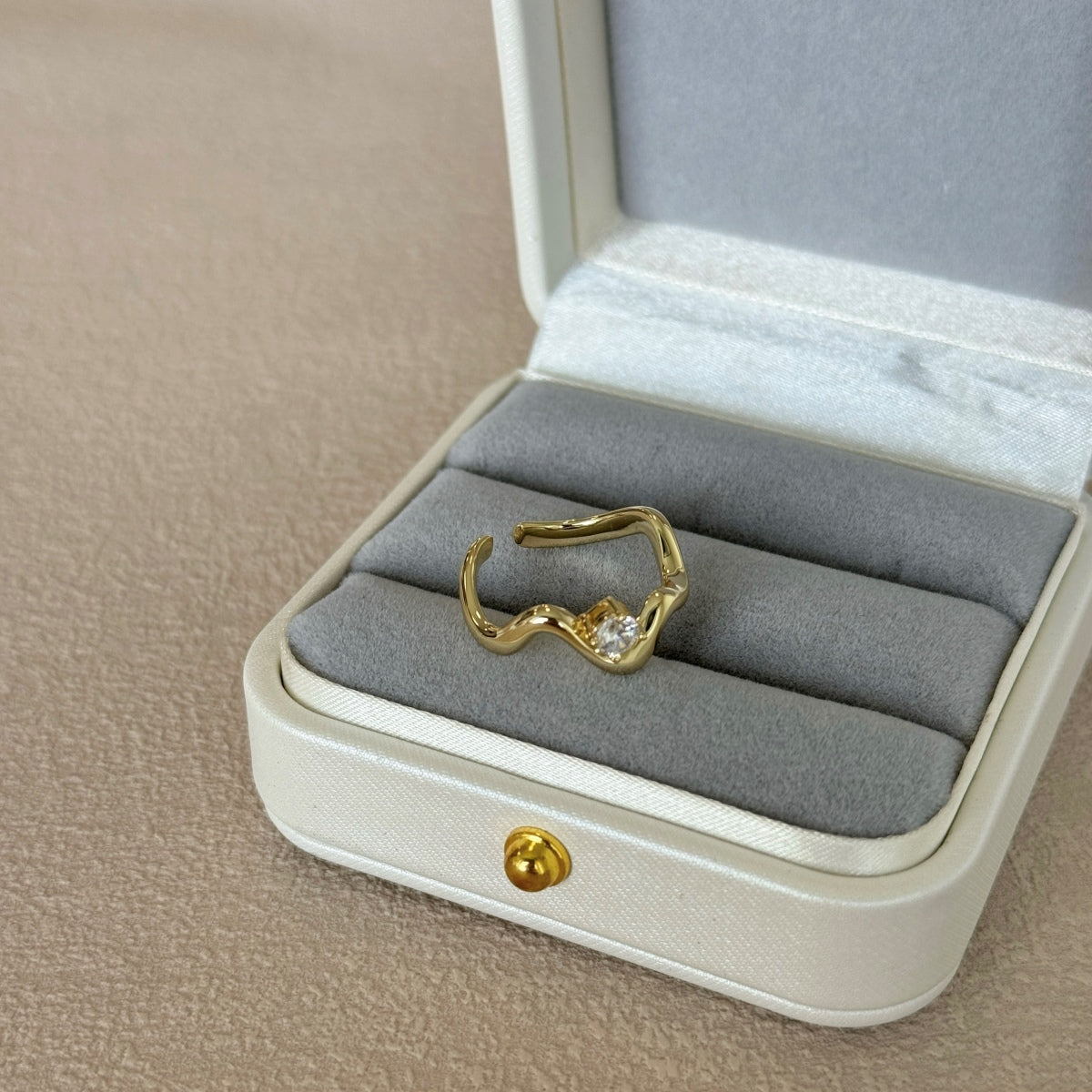 SERAPHINE Gold Plated Sterling Silver Wavy Ring - Adjustable Size With Zircon Stone by Kataleya Jewellery